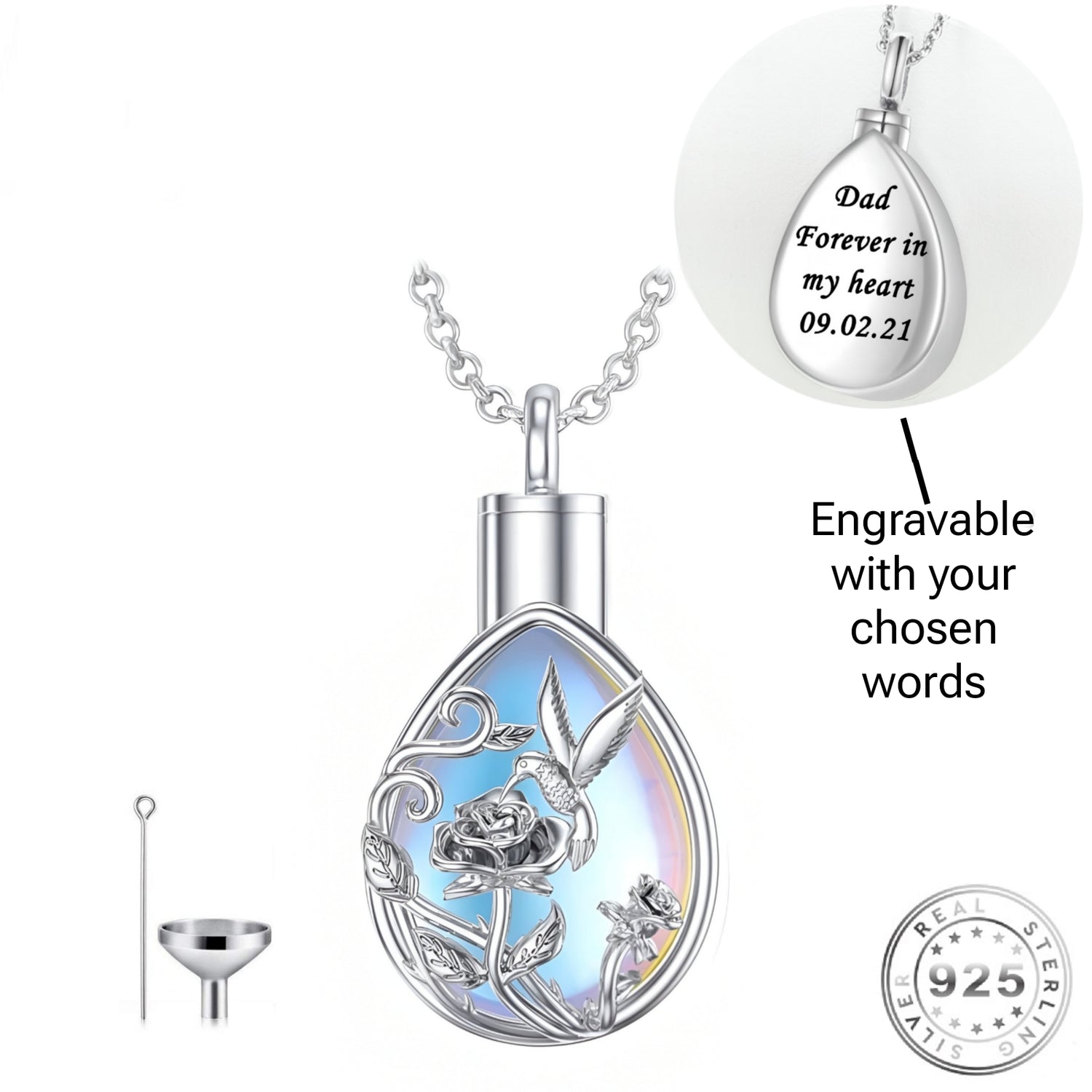 Engraved Hummingbird Ashes Urn Necklace 925 Sterling Silver & Moonstone personalised