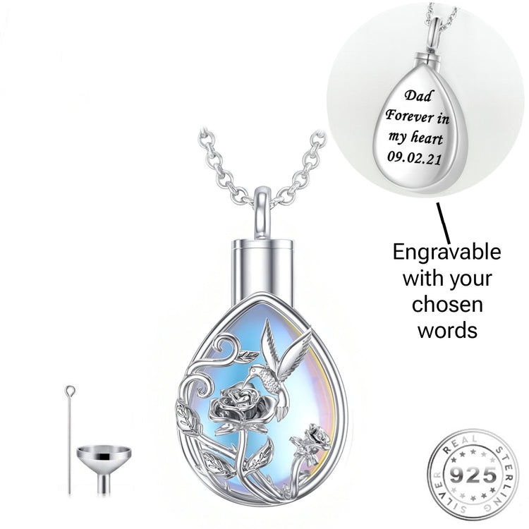 Engraved Hummingbird Ashes Urn Necklace 925 Sterling Silver & Moonstone personalised