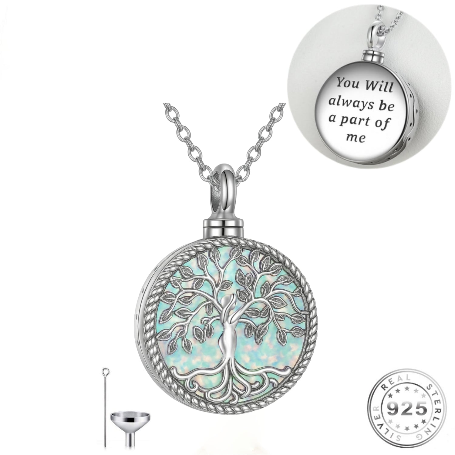 Family Tree Cremation Ashes Urn Necklace 925 Sterling Silver and Opal