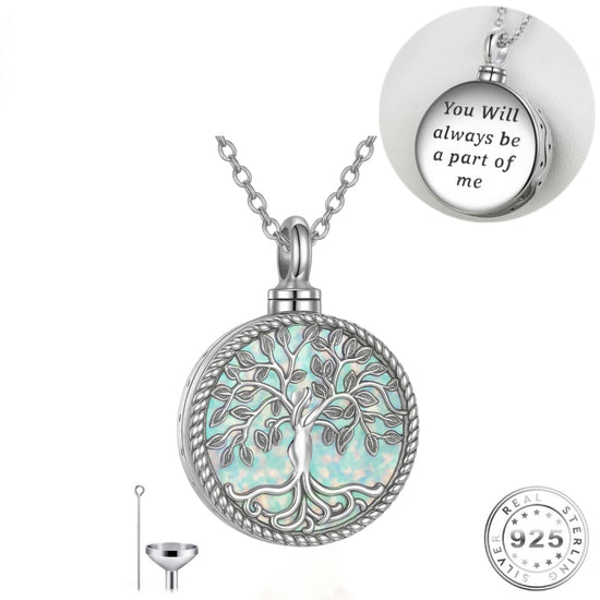 Family Tree Cremation Ashes Urn Necklace 925 Sterling Silver and Opal