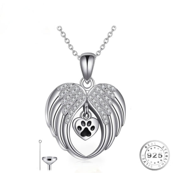 Pet Dog / Cat Paw Angel Wings Cremation Ashes Urn Necklace 925 Sterling Silver
