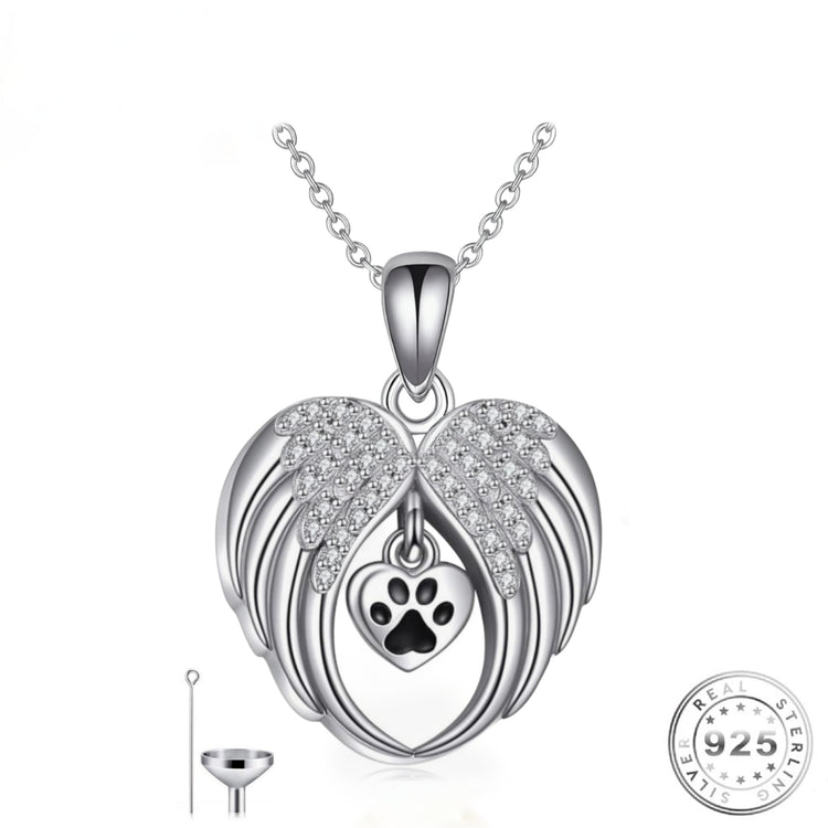 Pet Dog / Cat Paw Angel Wings Cremation Ashes Urn Necklace 925 Sterling Silver