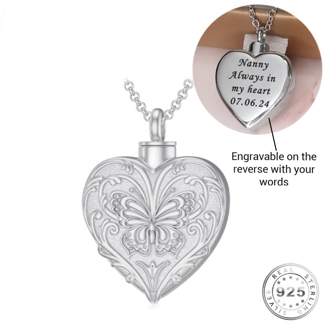 Engraved Butterfly Cremation Ashes Urn Necklace 925 Sterling Silver PERSONALISED