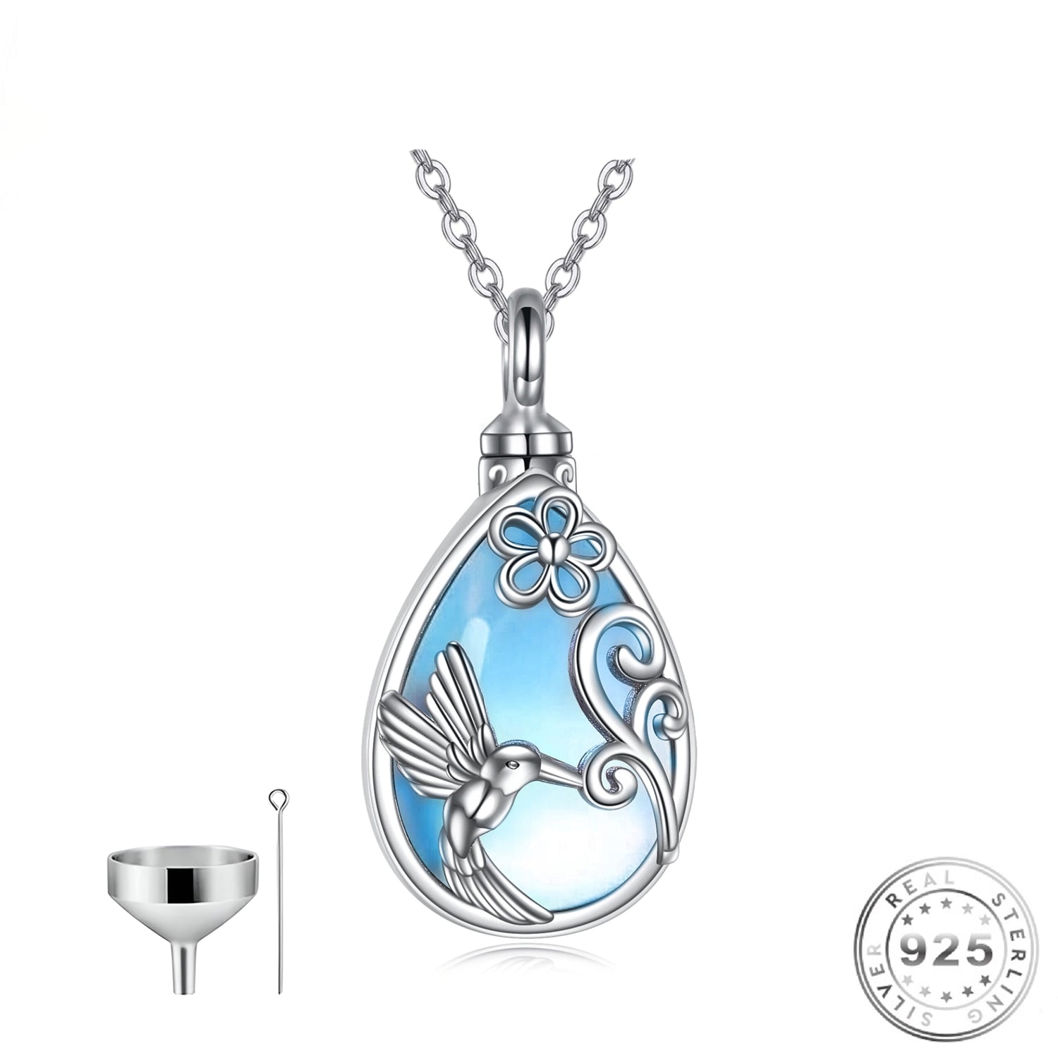 Hummingbird Ashes Urn Necklace 925 Sterling Silver and Moonstone Keepsake 