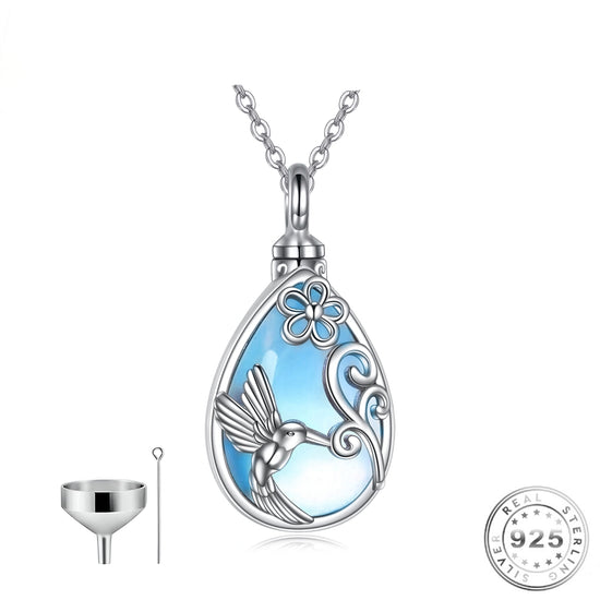 Hummingbird Ashes Urn Necklace 925 Sterling Silver and Moonstone Keepsake 
