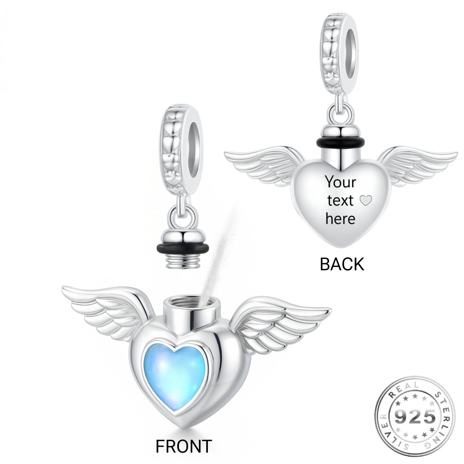 Pandora fitting Angel Wings Self-Fill Cremation Ashes Urn Charm 925 Sterling Silver & Moonstone