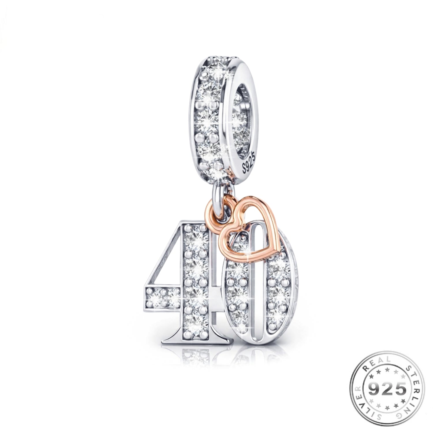 Pandora fitting 40th Birthday Charm 925 Sterling Silver and Rose Gold