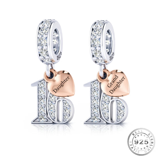 Pandora fitting 16th Birthday Charm 925 Sterling Silver -Personalised heart tag Daughter or Granddaughter