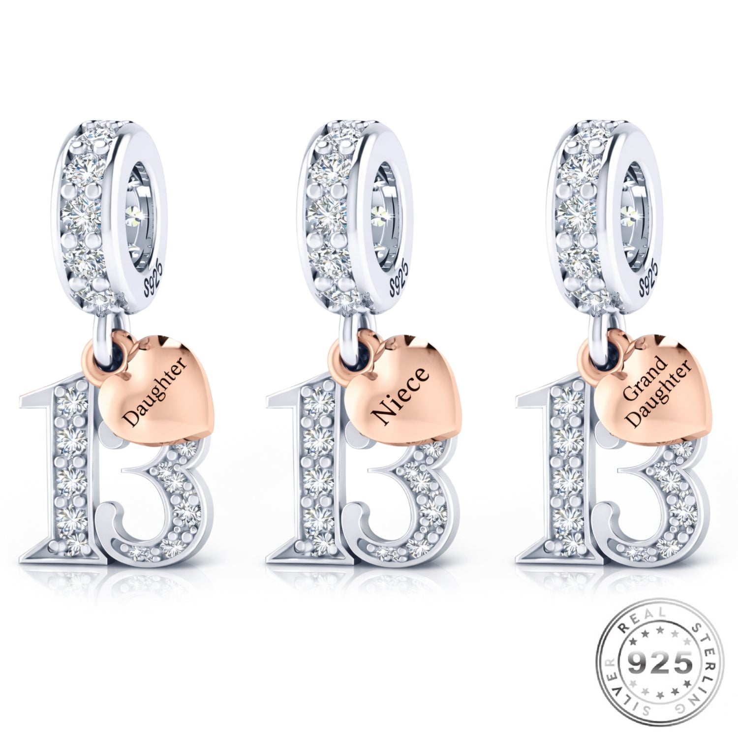 Pandora fitting 13th Birthday Charm 925 Sterling Silver with Personalised Heart Tag - Daughter , Niece or Granddaughter