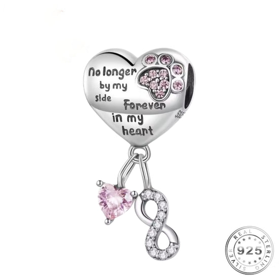 Dog Angel Wings / Paw Memorial Charm 925 Sterling Silver - Forever In My Heart - fits Pandora