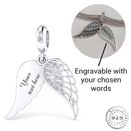 Pandora fitting Engraved Angel Wing Charm Genuine 925 Sterling Silver - Personalised memorial