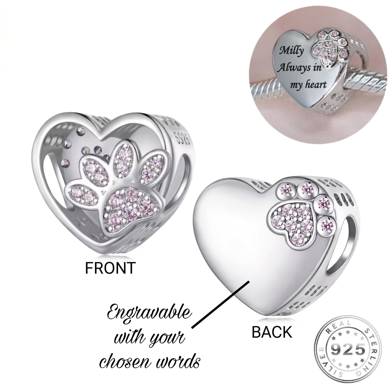 pandora fitting Engraved Cat / Dog Paw Pink Charm 925 Sterling Silver - Personalised
