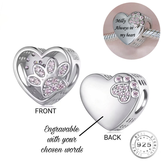 pandora fitting Engraved Cat / Dog Paw Pink Charm 925 Sterling Silver - Personalised