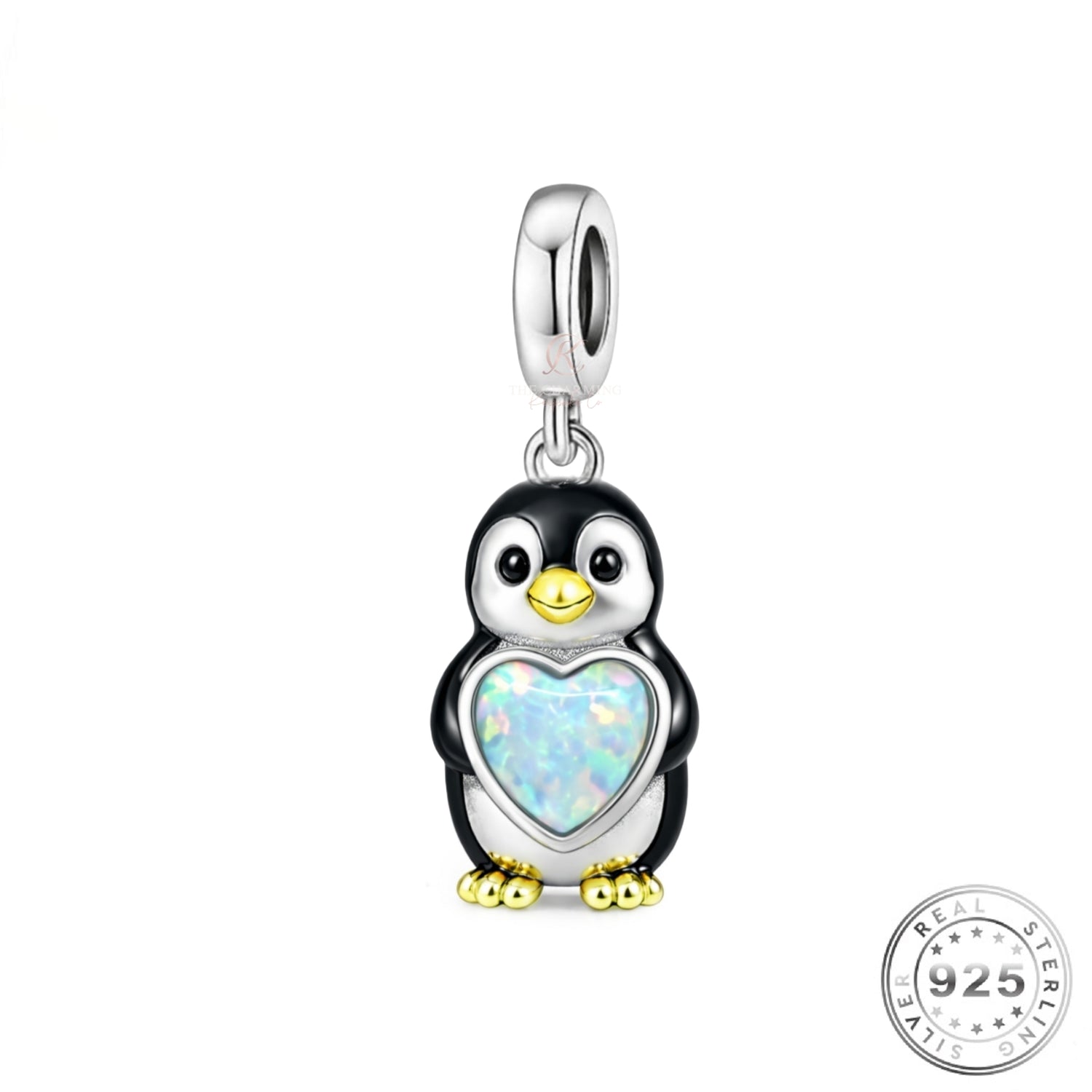Penguin & Opal Heart Charm 925 Sterling Silver fits Pandora