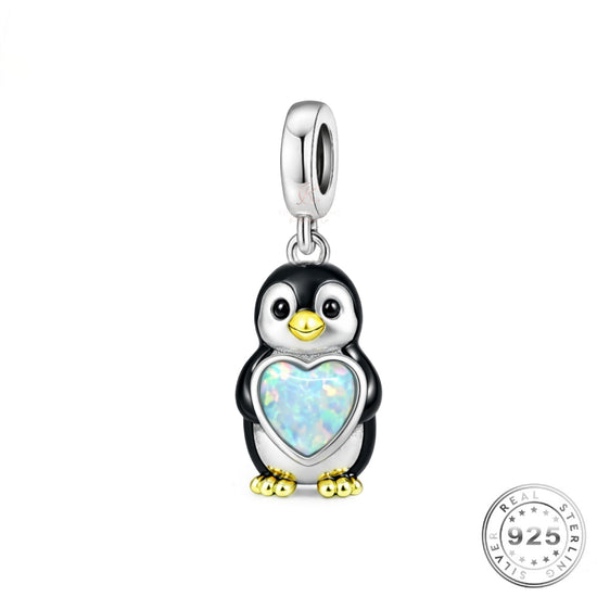 Penguin & Opal Heart Charm 925 Sterling Silver fits Pandora