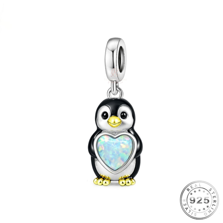 Penguin & Opal Heart Charm 925 Sterling Silver fits Pandora