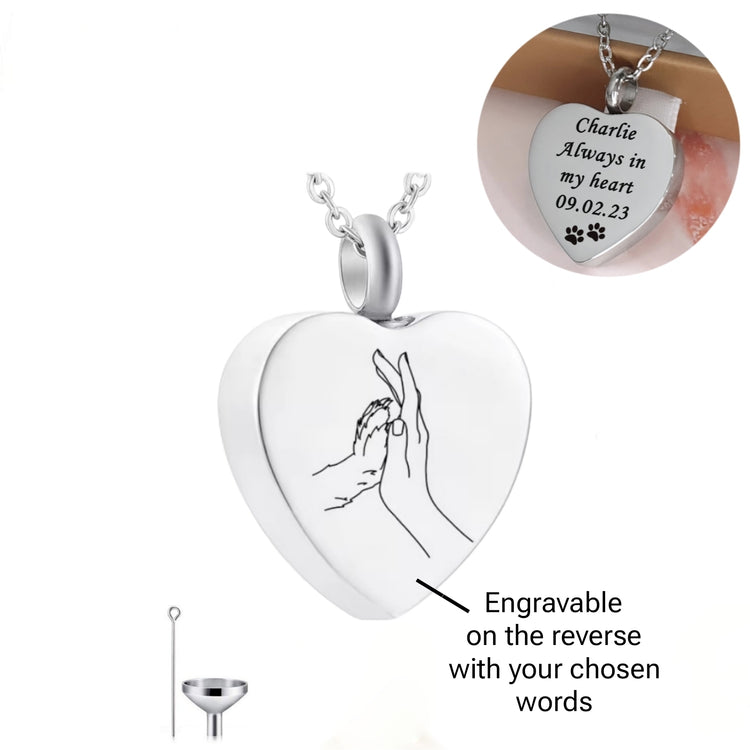 Engraved Cat / Dog Paw and Hand Cremation Ashes Urn Necklace Silver memorial keepsake