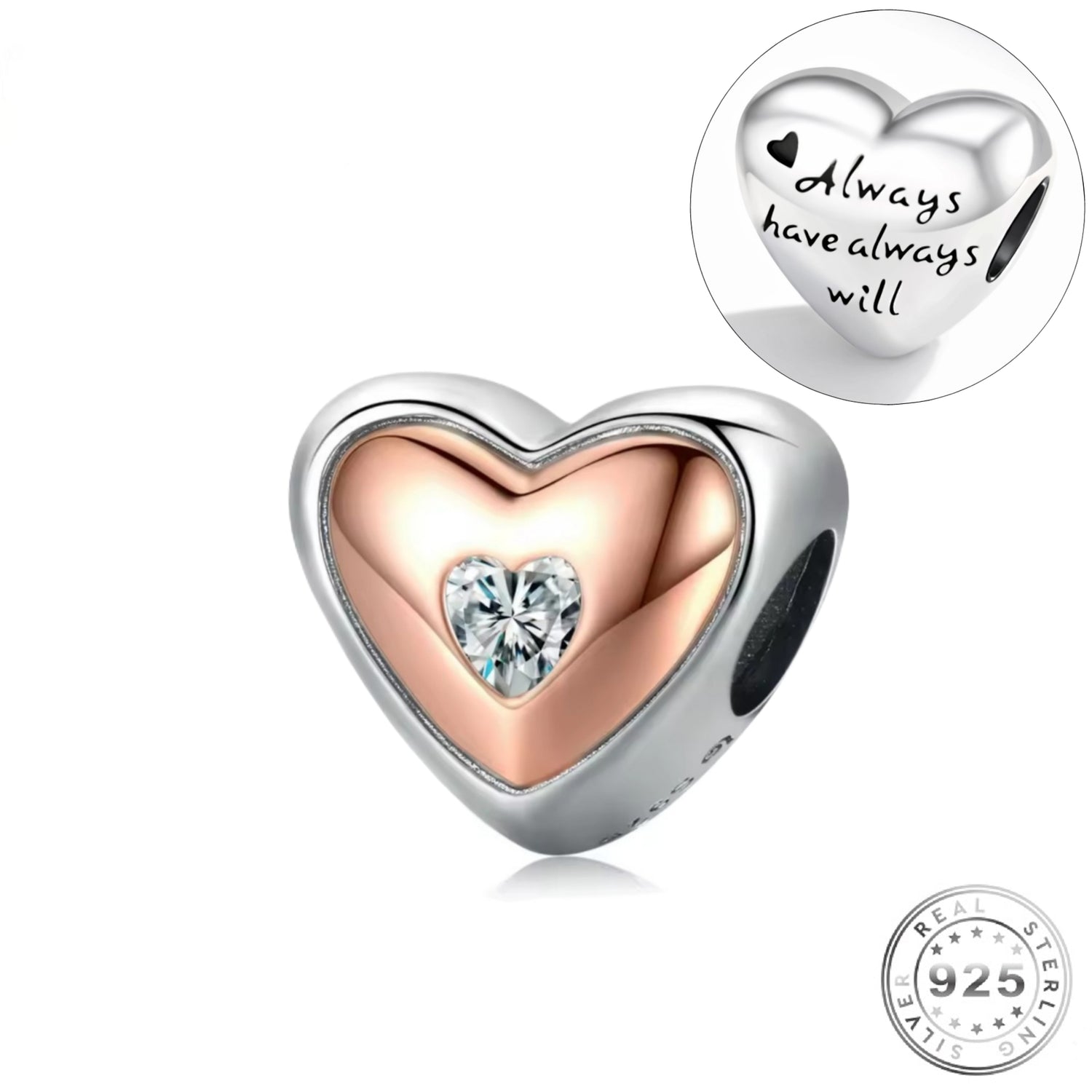 Pandora fitting Wife Girlfriend Always Have Always Will Heart Charm 925 Sterling Silver & Rose Gold