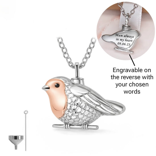 Engraved Robin Ashes Urn Necklace 925 Sterling Silver & Rose Gold - Personalised memorial keepsake