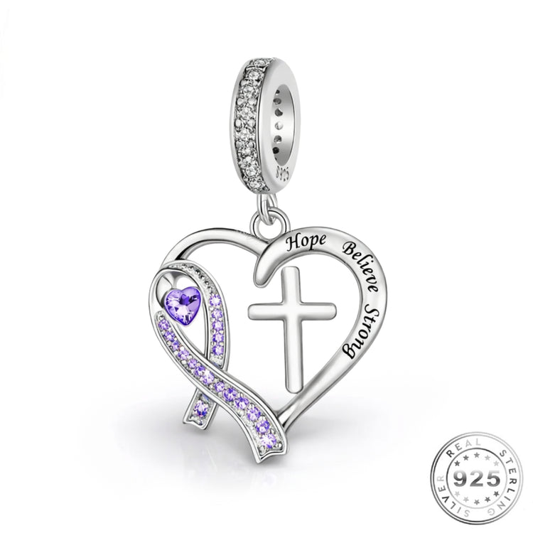 Purple Awareness Ribbon & Cross Charm 925 Sterling Silver fits Pandora bracelets