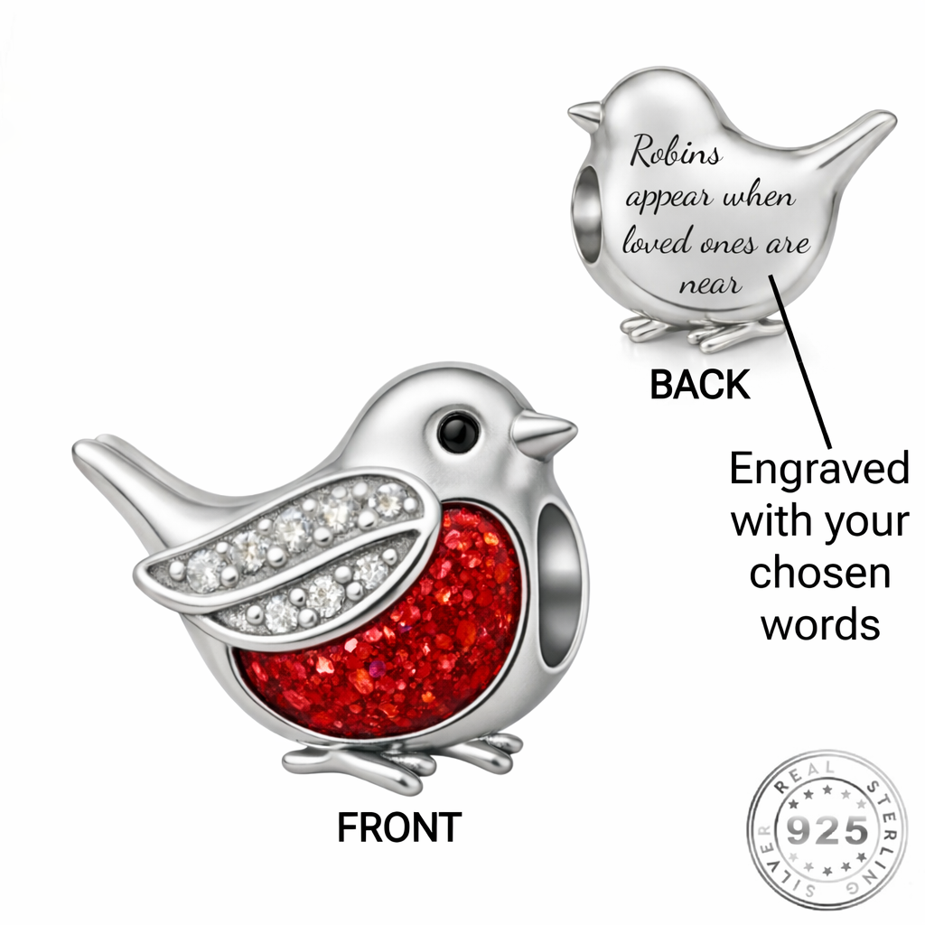Ashes & Resin Robin Charm 925 Sterling Silver - Engraved fits Pandora