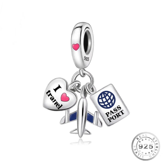 Pandora fitting Passport & Plane Love To Travel Charm 925 Sterling Silver