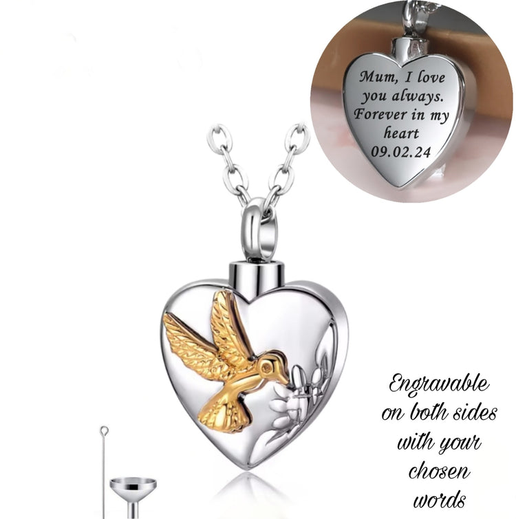Engraved Hummingbird Cremation Ashes Urn Necklace Silver & Gold Keepsake 