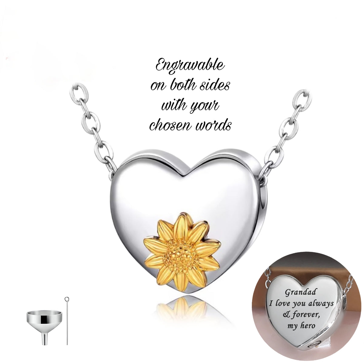 Engraved Sunflower Cremation Ashes Urn Necklace Silver & Gold self fill memorial