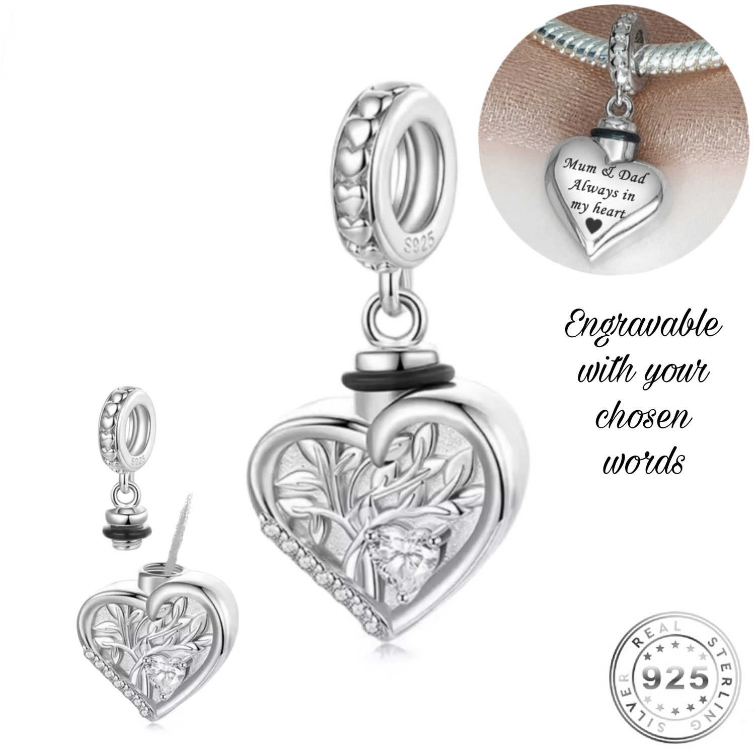 Pandora fitting engraved Family Tree Cremation Ashes Urn Charm 925 Sterling Silver - Self-fill