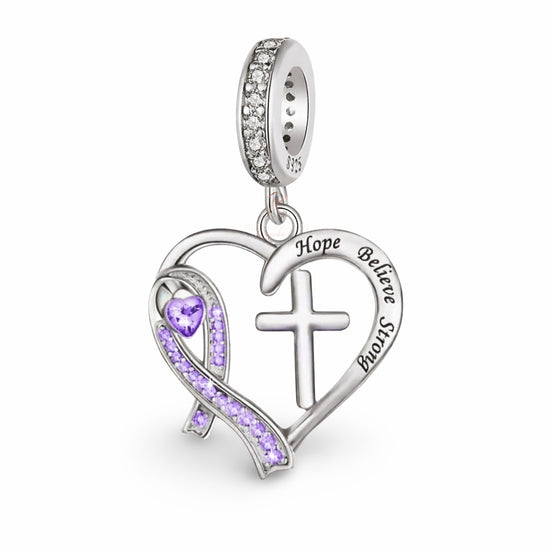 Pandora fitting Purple Awareness Ribbon & Cross Charm 925 Sterling Silver fits Pandora 