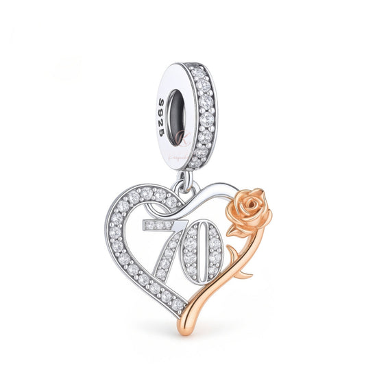 70th Birthday Charm 925 Sterling Silver & Rose Gold fits Pandora bracelets