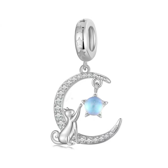 pandora fitting Cat in the Moon Charm 925 Sterling Silver & Moonstone