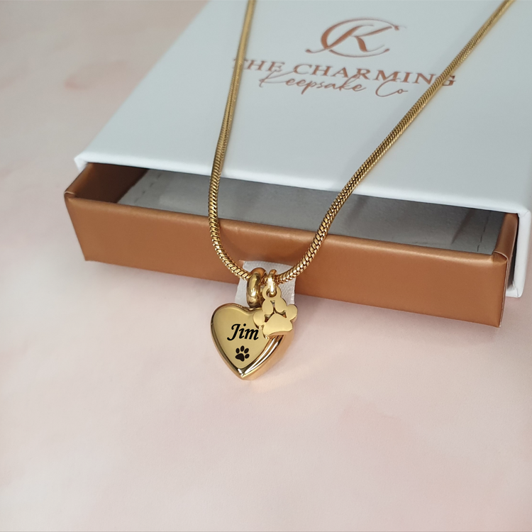 Engraved Yellow gold Small Heart & Pet Paw Pendant Ashes Urn Necklace Dog / Cat