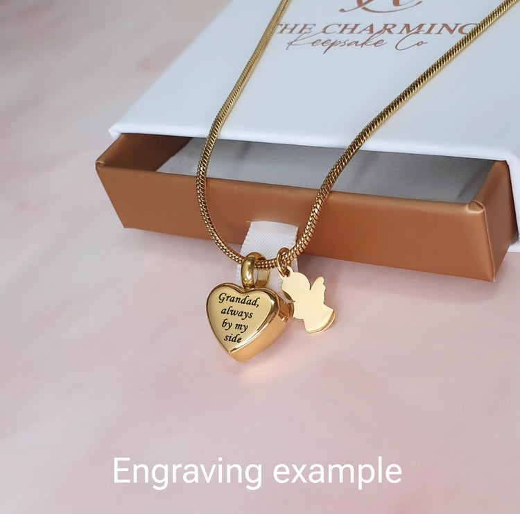 Engraved Silver or Gold Small Heart & Guardian Angel Pendant Ashes Urn Necklace