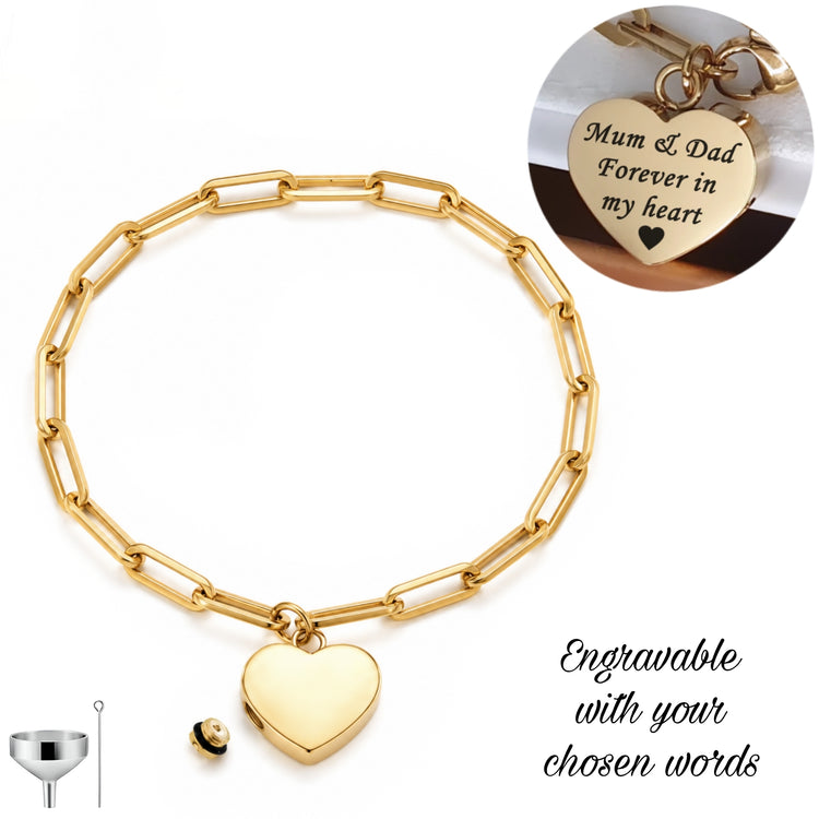 Gold or Silver Engraved Paperclip Cremation Ashes Urn Bracelet - Self Fill Memorial