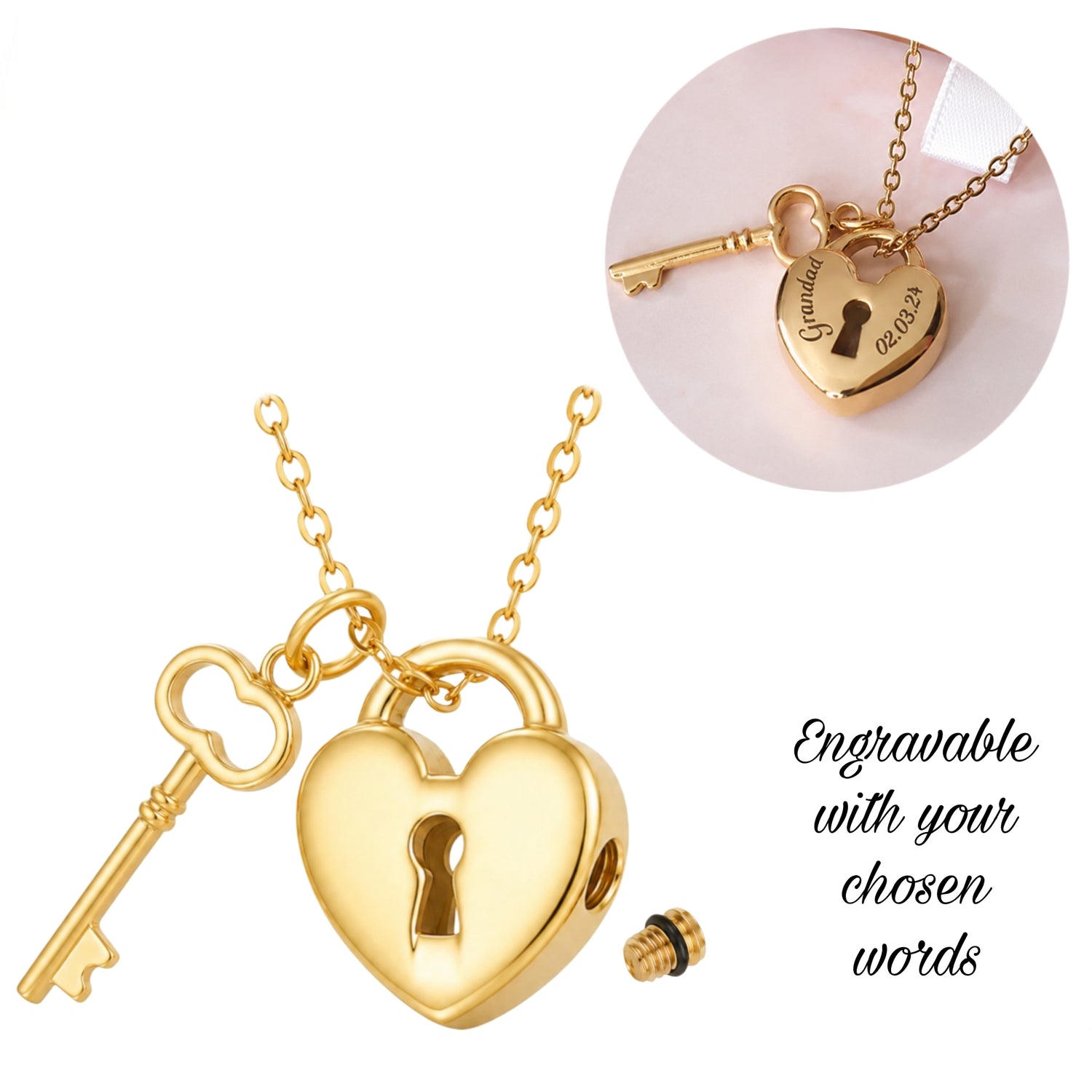 Engraved Gold Ashes Heart Padlock Urn Necklace Self Fill keepsake memorial 