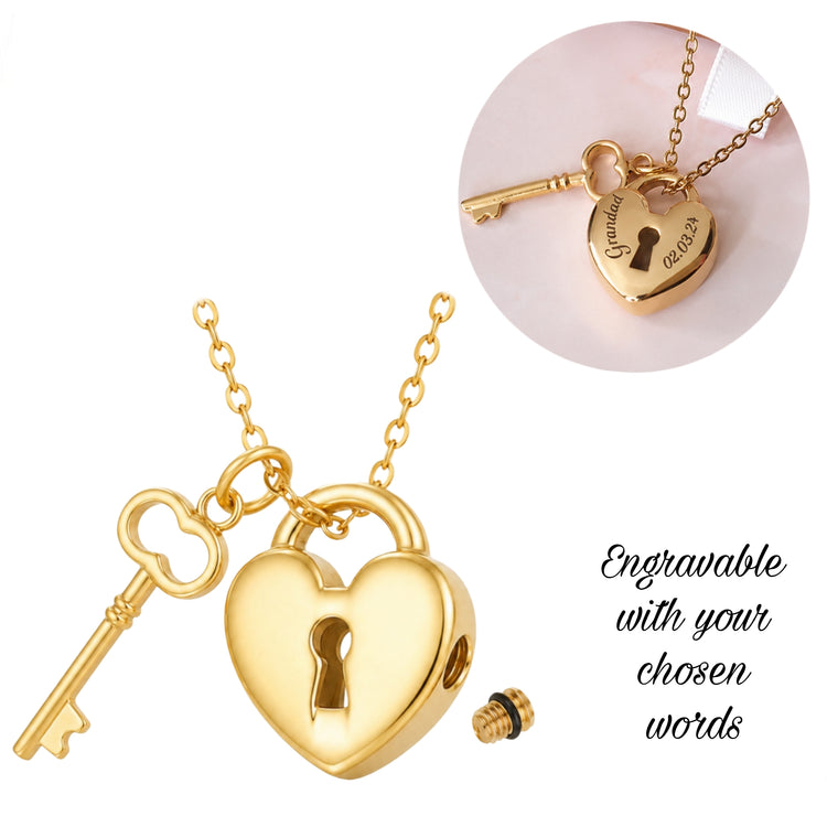 Engraved Gold Ashes Heart Padlock Urn Necklace Self Fill keepsake memorial 