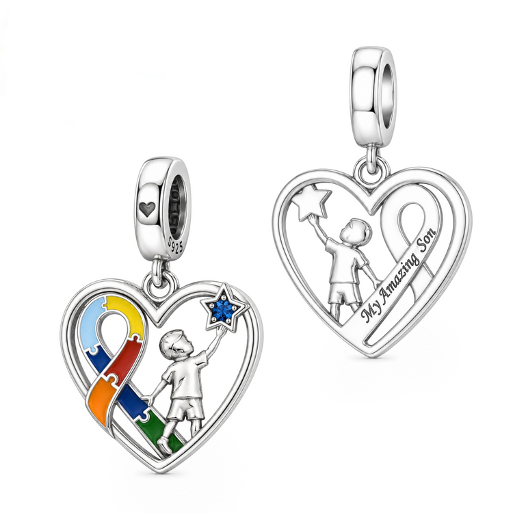 Pandora fitting Son Autism Charm 925 Sterling Silver - Autism Awareness Puzzle Ribbon - Mum Gift