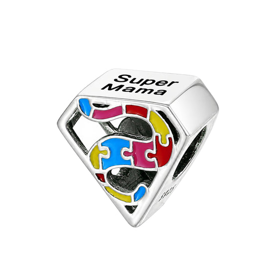 Pandora fitting Autism Awareness Charm Genuine 925 Sterling Silver - Super Mama - Mum Gift