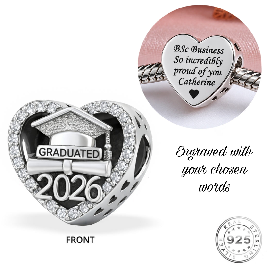 Pandora fitting Engraved Graduation 2026 Charm 925 Sterling Silver
