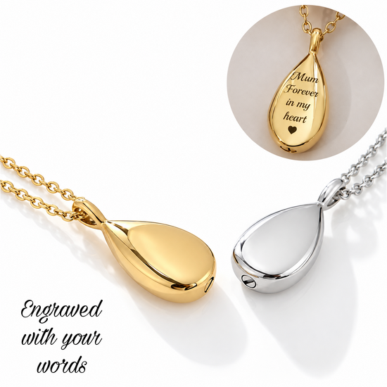 Engraved Teardrop Ashes Urn Necklace Gold or Silver self fill memorial