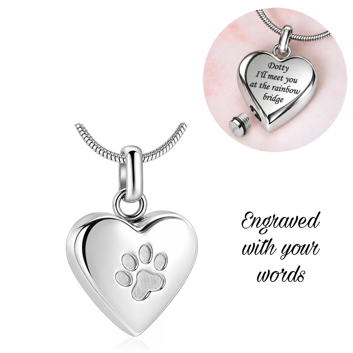 Engraved Cat / Dog Paw Cremation Ashes Urn Necklace Silver self fill memorial