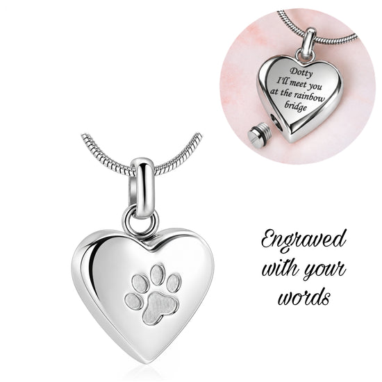 Engraved Cat / Dog Paw Cremation Ashes Urn Necklace Silver self fill memorial