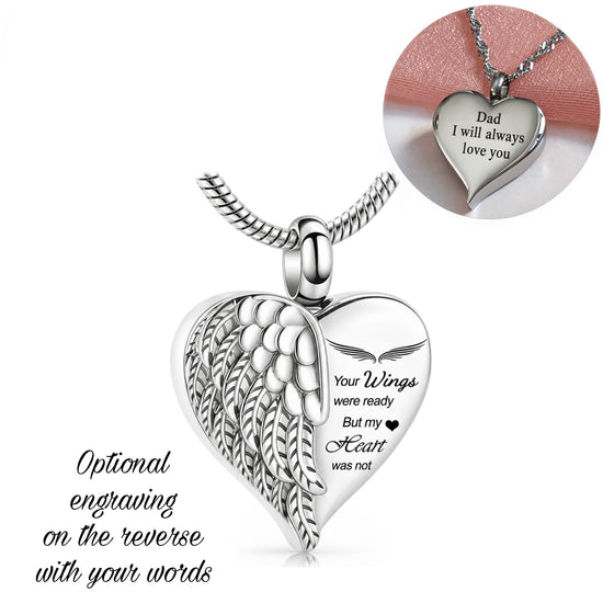 Engraved Self Fill Ashes Angel Wing Urn Necklace Silver memorial 