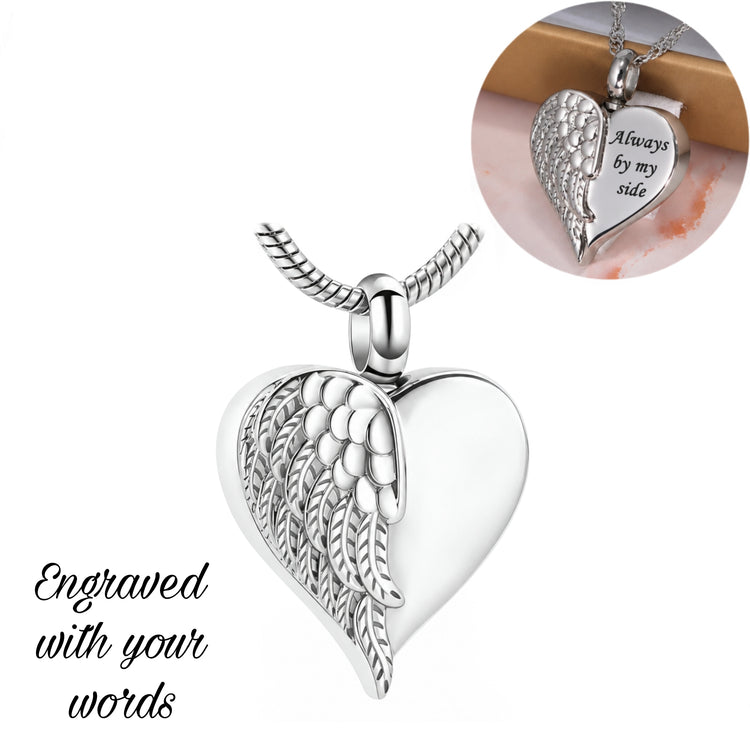 Engraved Cremation Ashes Angel Wing Heart Urn Necklace Silver self fill memorial mum dad nana grandad son husband