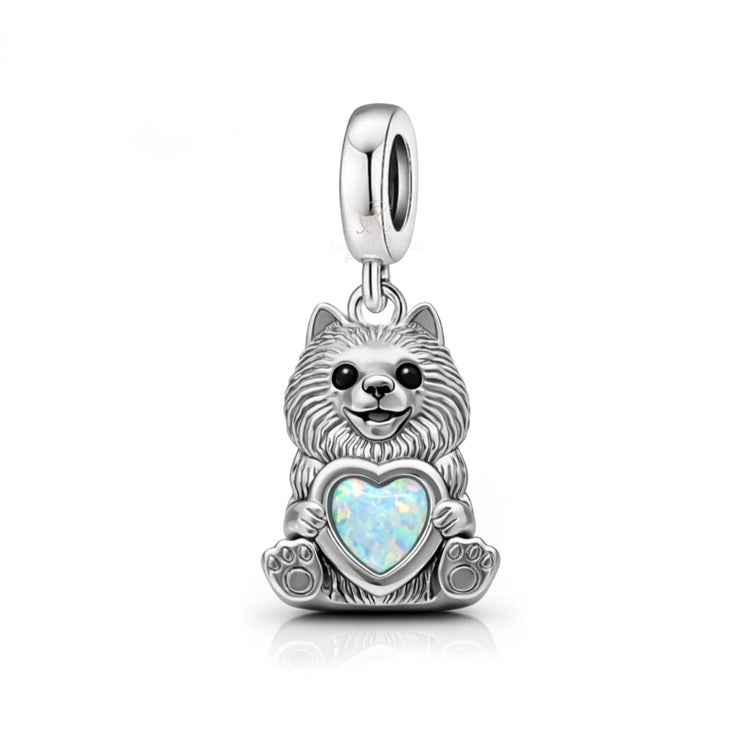 Pandora fitting Pomeranian Dog Charm 925 Sterling Silver & Opal Heart