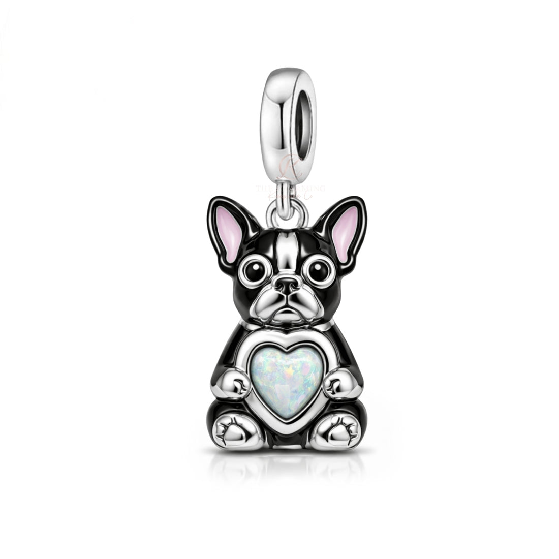 Pandora fitting Boston Terrier Dog Charm 925 Sterling Silver & Opal Heart