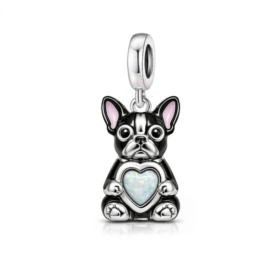 Pandora fitting Boston Terrier Dog Charm 925 Sterling Silver & Opal Heart