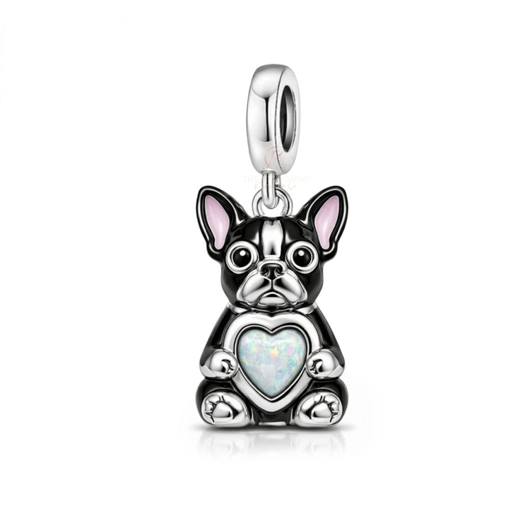 Pandora fitting Boston Terrier Dog Charm 925 Sterling Silver & Opal Heart