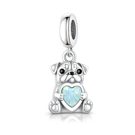 Pandora fitting Pug Dog Charm 925 Sterling Silver & Opal Heart